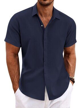 Men's Navy Blue Classic Beach Linen Short Sleeve Casual Imported Shirt